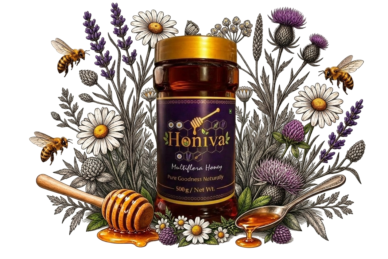 Honiva Honey jar surrounded by wildflowers and bees